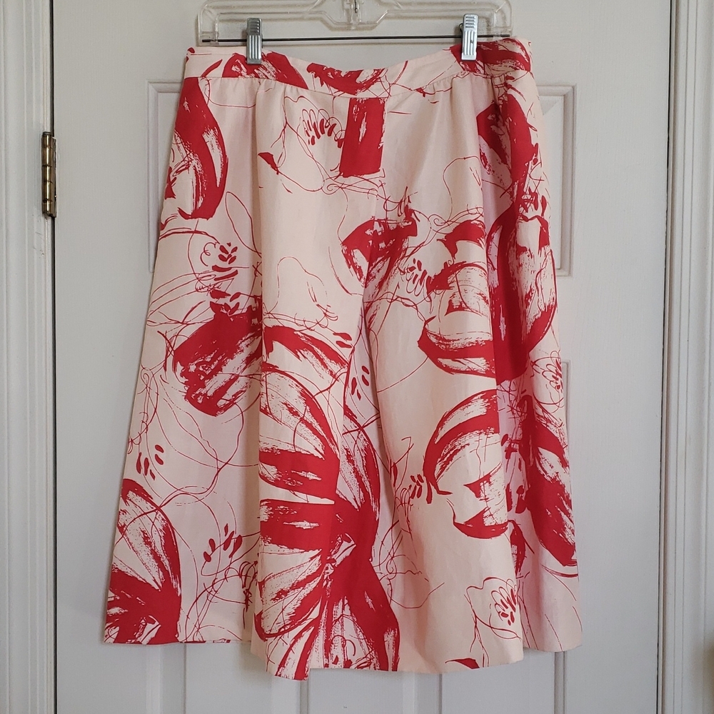 Classiques Entier Silk Linen Floral A-Line Skirt Red Cream Size 14 Below Knee - Picture 3 of 10